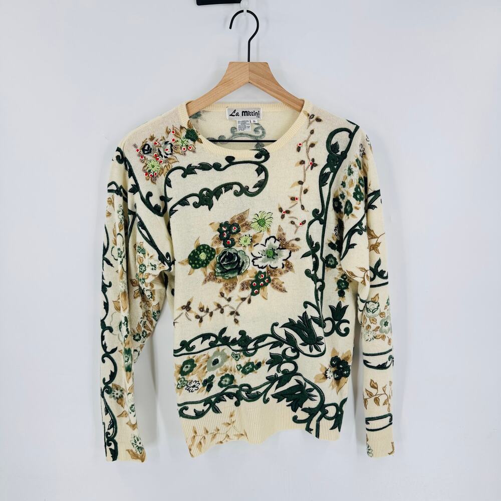Vintage La Mattini Embellished Floral Sweater Cream Green Beaded Knit Size S